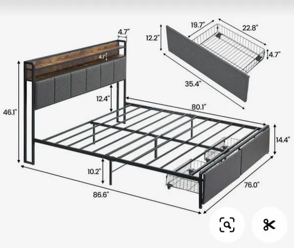 Cama con estructura de acero: plano con medidas