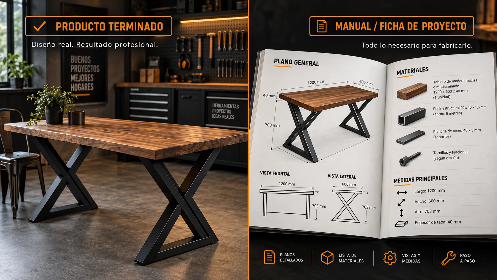 Mesa industrial terminada junto a su manual y ficha de proyecto